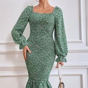 PRETTYGARDEN Women's Long Puff Sleeve Floral Midi Bodycon Dresses